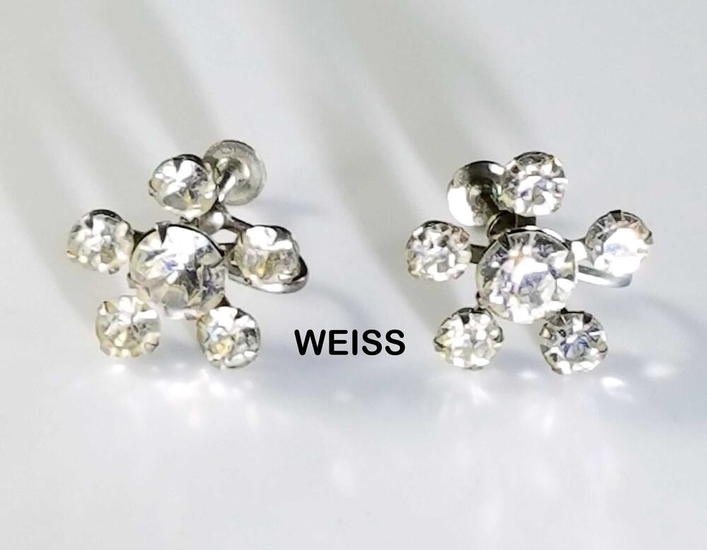 Vintage Weiss Flower Rhinestone Screw Back Earrings, 1950's , 3/4 Inch